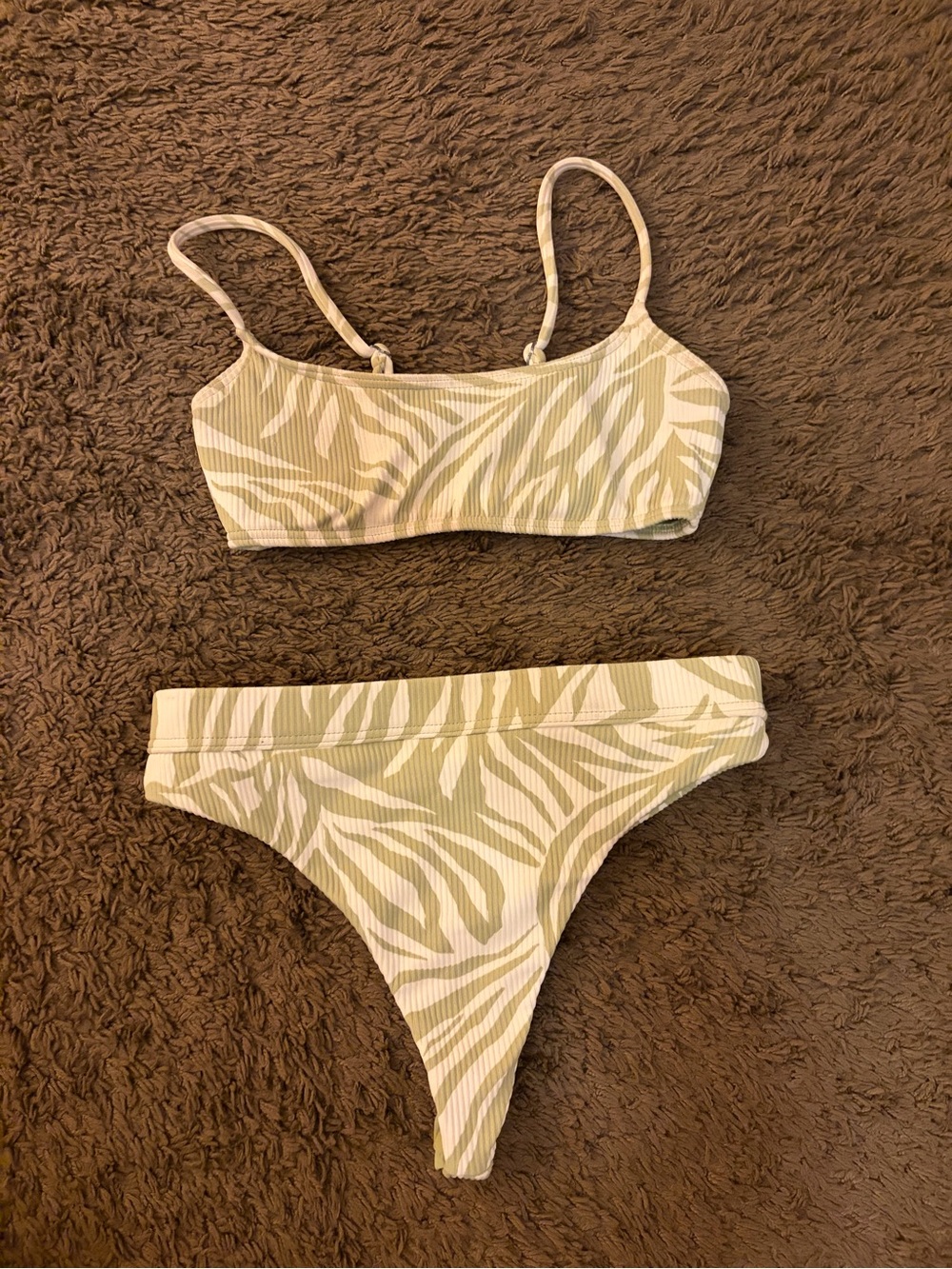 Green Zebra Print ribbed billabong Bikini set -high waisted cheeky/thong bottoms